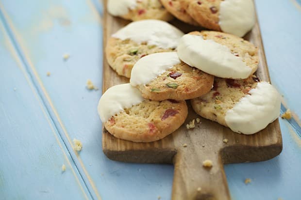 Chocolate Dipped Cherry Cookies with pistachio nuts